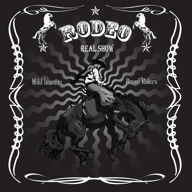 Poster con un cavaliere da cowboy seduto su un mustang di cavallo selvaggio e la scritta rodeo