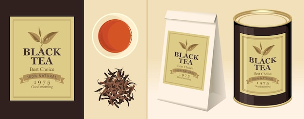 Poster con tazza di tè nero e confezione etichettata