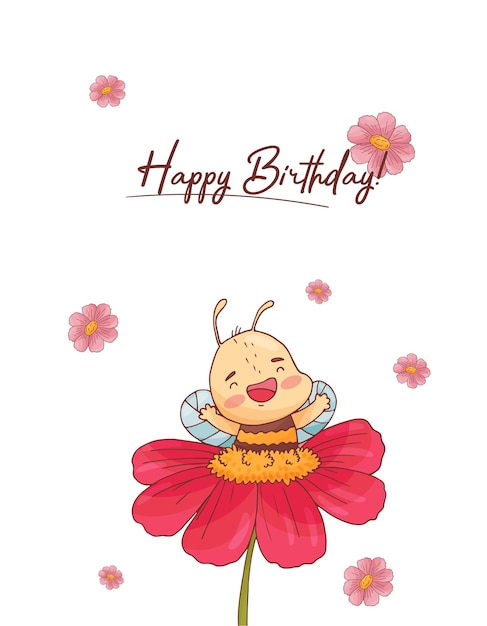 귀여운 꿀벌 꽃과 허니가 있는 포스터는 흰색 배경에 격리됩니다. 생일 축하 엽서 만화 스케치 스타일의 벡터 개체