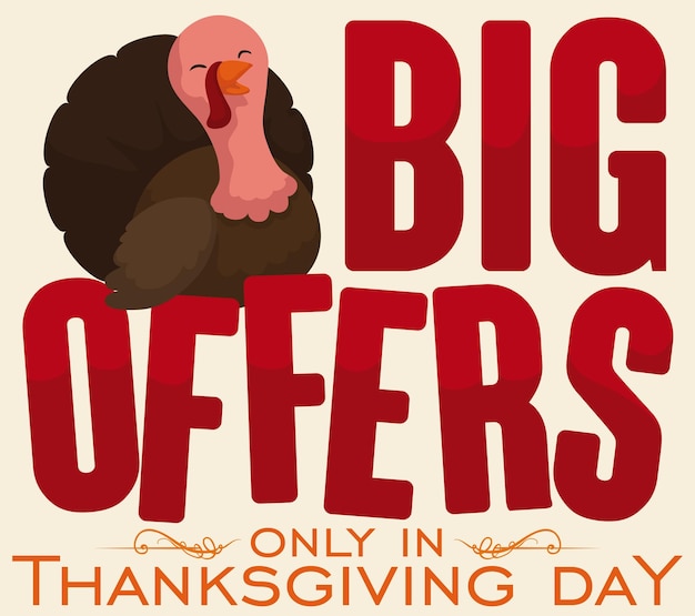 Poster with cute happy turkey promoting big offers in Thanksgiving Day