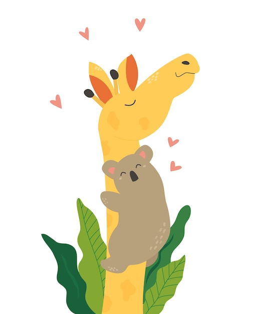 Vector poster with cute koala hugging giraffe. animal friendship concept.