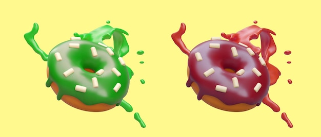 Poster with different donuts in red and green colors and colorful splashes