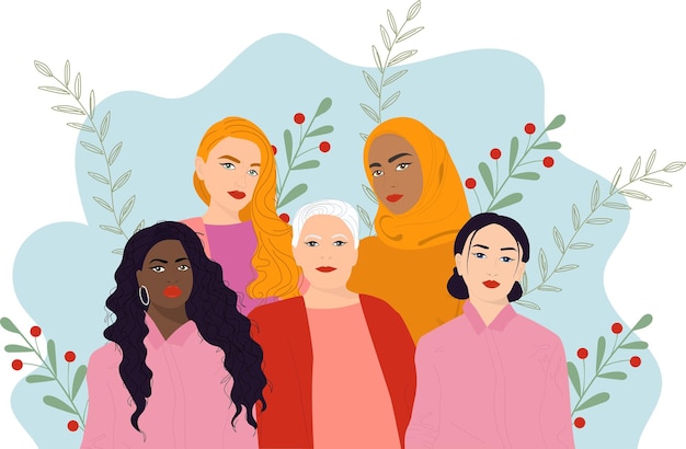 Vector poster with diverse female faces of different ethnicity.