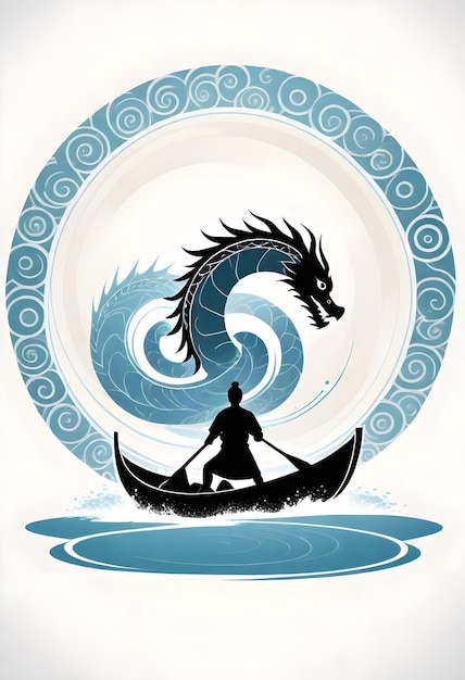 плакат с драконом на нем и человеком, катающимся на лодке дракона в стиле силуэта