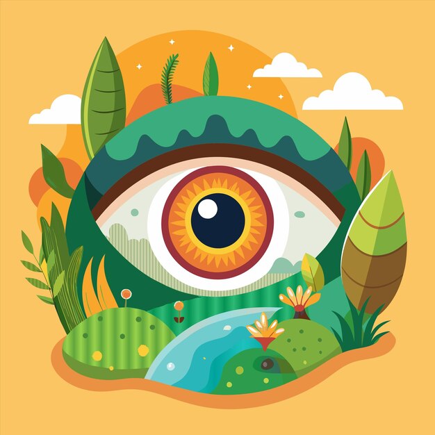 Vector a poster with an eye and a green grass and a pond