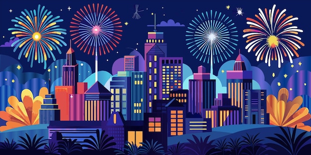 Vector a poster with fireworks and a city in the background