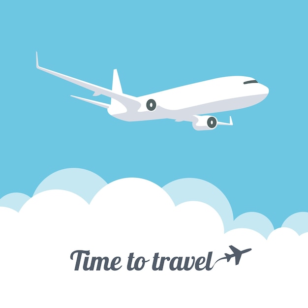 Poster with flying plane in the sky for travel agency. Airplane trace in trendy flat style isolated.