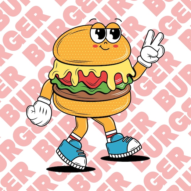 Vector poster with funky cartoon characters burgers in groovy style retro card for delivery service