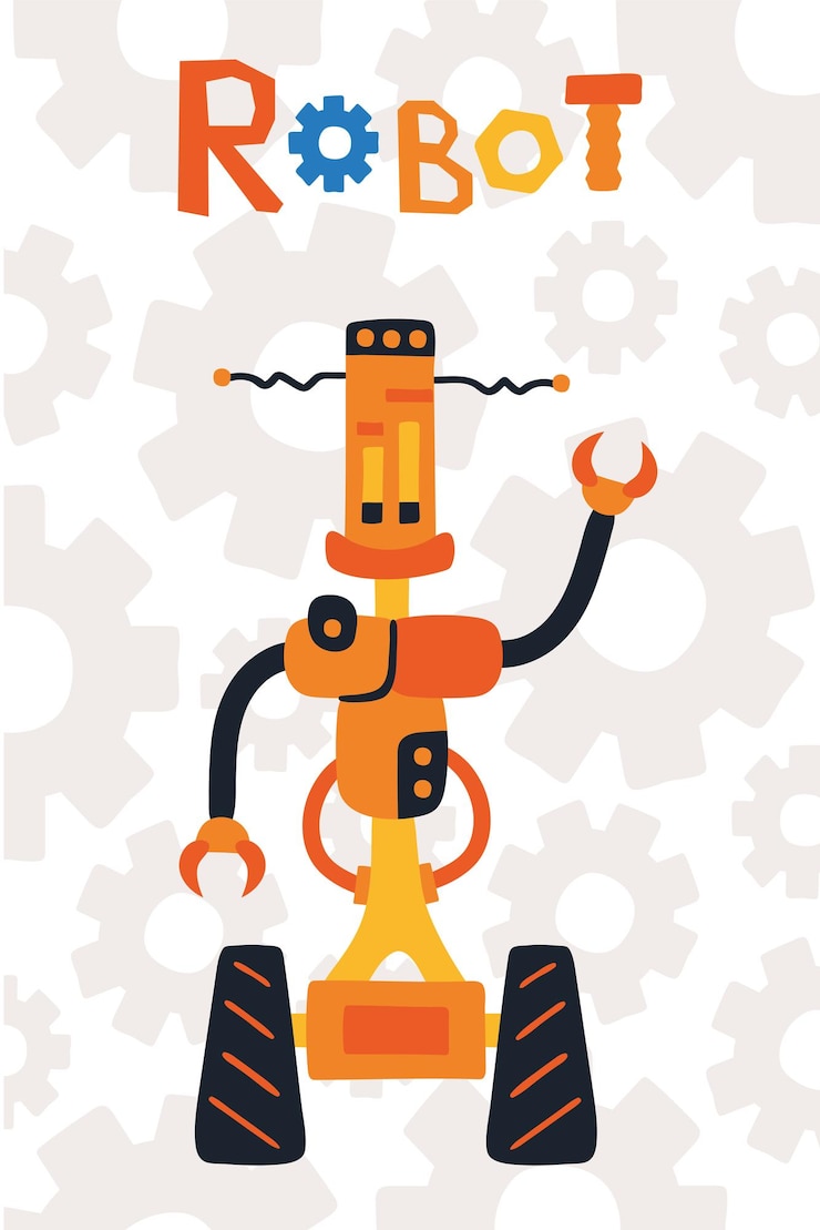 Vector poster with funny robot in cartoon style. cute trendy background for kids room design, postcards, shirts. vector illustration
