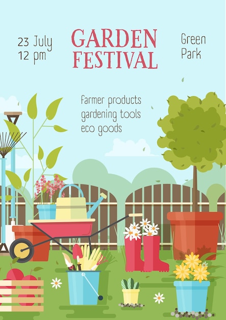 poster with gardening or agricultural tools, equipment for plant cultivation and place for text