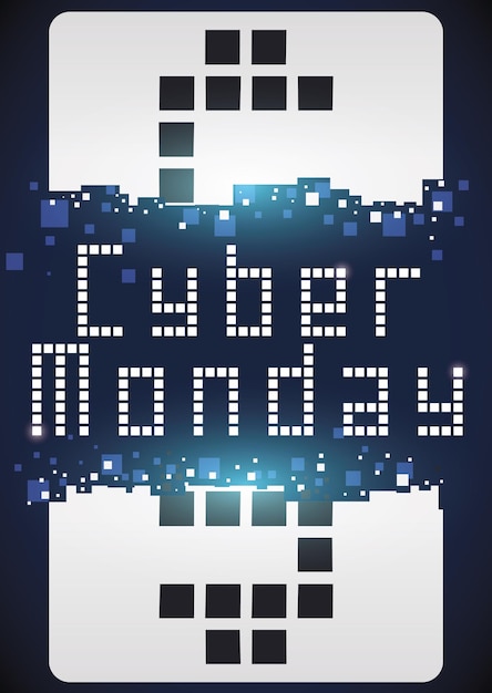 Poster with giant broken tag with money symbol and sign in pixel art promoting Cyber Monday sales