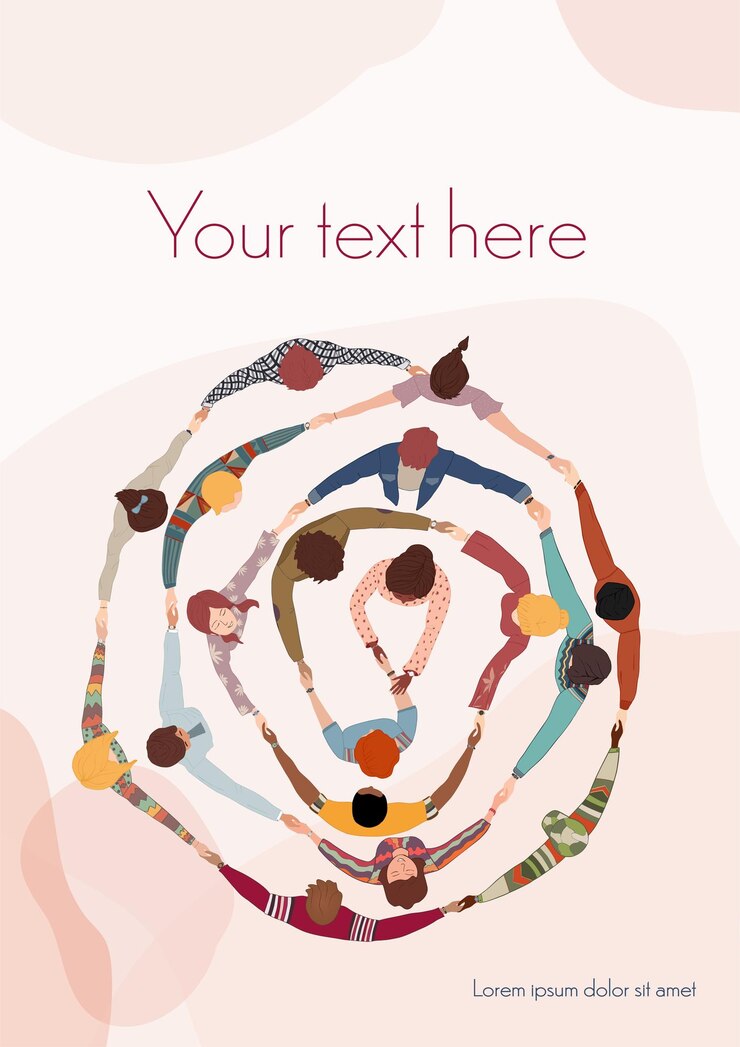 Vector poster with group of diverse people in a circle from different cultures holding hands community