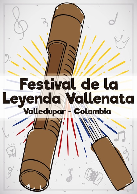 Poster with guacharaca and fork in watercolor style with musical notes for Vallenato Legend Festival