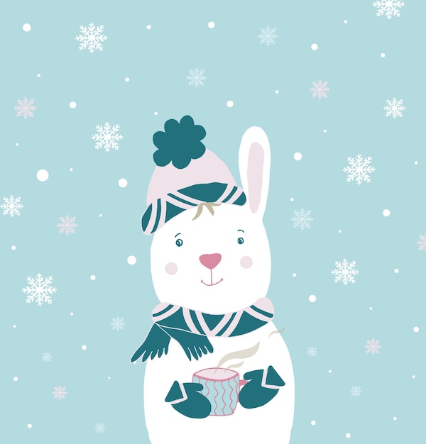 A poster with a hand drawn hare holding a cup of tea on a winter background and falling snowflakes