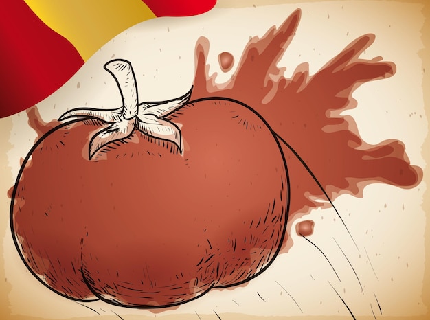 Poster with hand drawn tomato with squished effect in watercolor and a Spain flag for Tomatina event