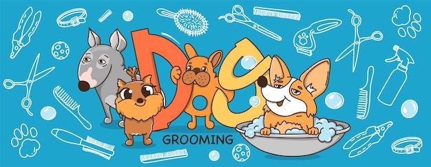 Плакат с нарисованными от руки буквами и собаками разных пород
