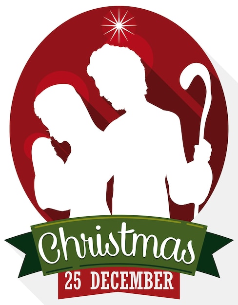 クリスマスの日に緑のリボンで新生のイエスを背負う聖家族のシルエットのポスター