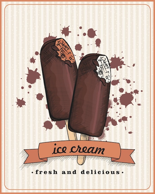 Poster with ice cream in engraved vintage style Vector illustration Seasonal summer tasty food