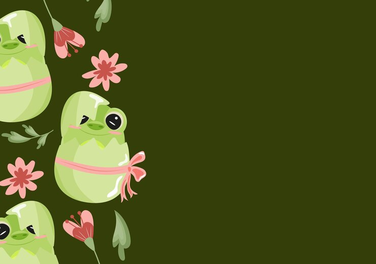 Vector poster with icon of green frog sitting in green egg with bow and pink flowers on green background