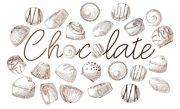 The poster with the inscription chocolate. hand drawn different sweets. vector illustration of a sketch style.