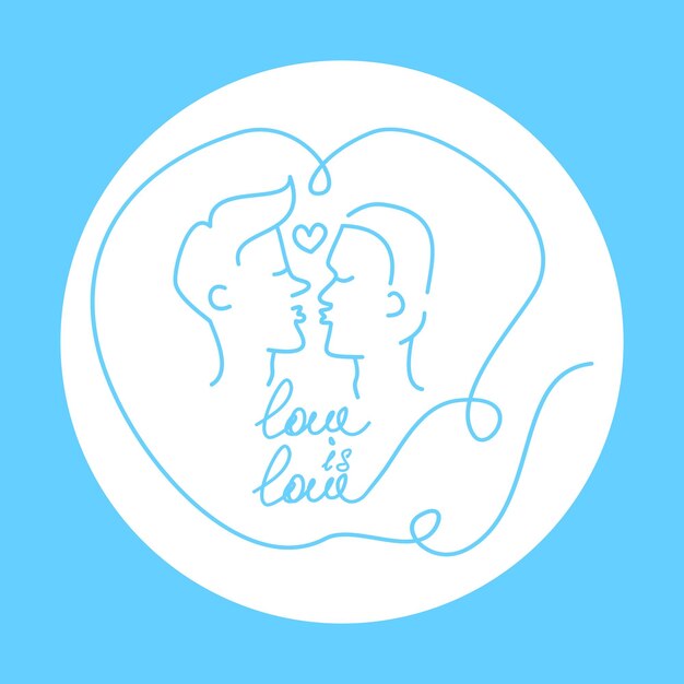 Vector poster with kissing men hand lettering love is love the theme of month pride lgbtq love in white