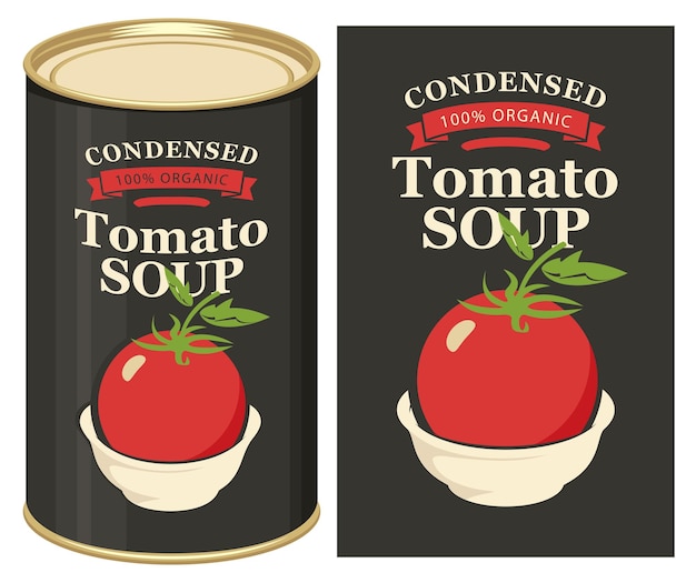 Poster with label and tin can for tomato soup