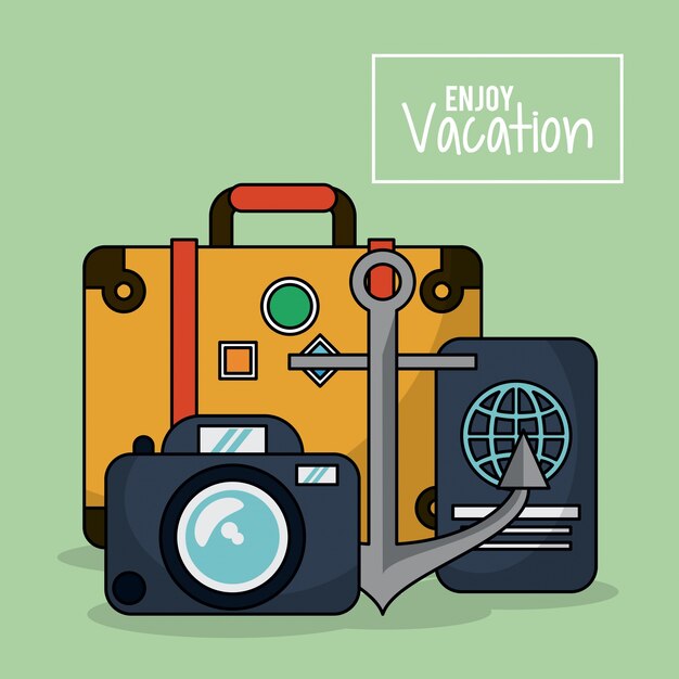 poster with luggage and photo camera and passport and anchor