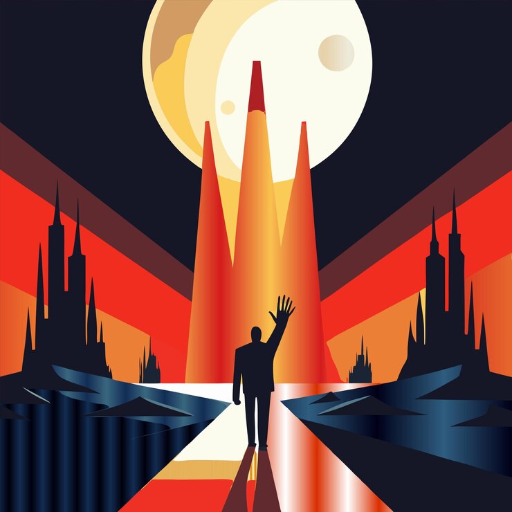 Vector a poster with a man standing in front of a river with a hand reaching out to the sky