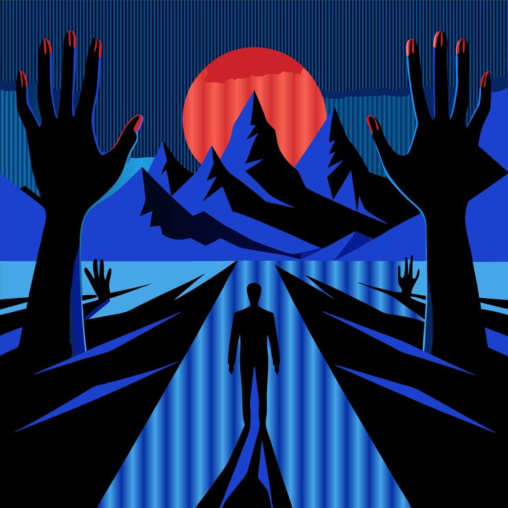 Vector a poster with a man standing in front of a river with a hand reaching out to the sky