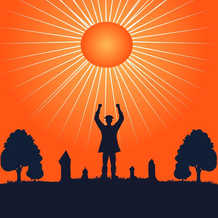 वेक्टर a poster with a man standing in front of a sun with the sun behind him