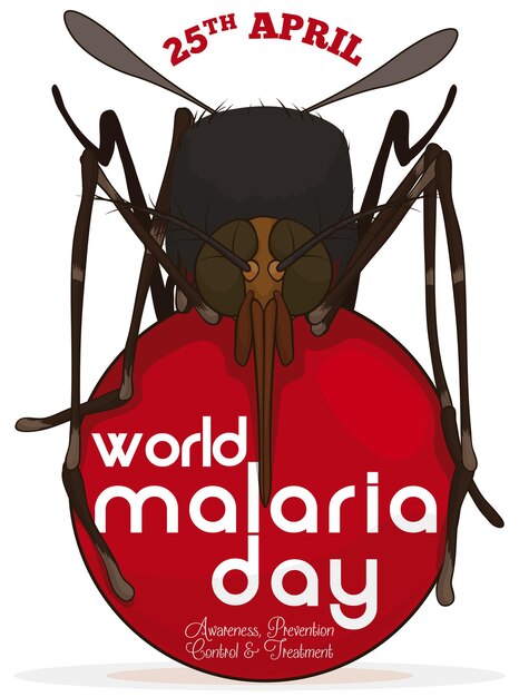 Vector poster with mosquito on a red bloody rounded button to commemorate world malaria day in april 25