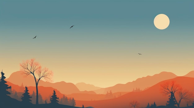 Vector a poster with a mountain view and birds flying in the background