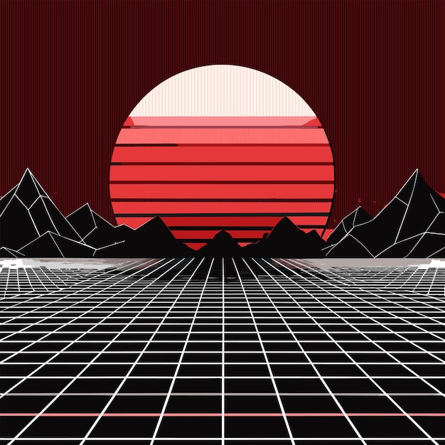 Vector a poster with mountains and a red sun in the background