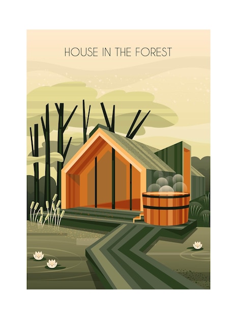 Vector poster with nature landscape and house