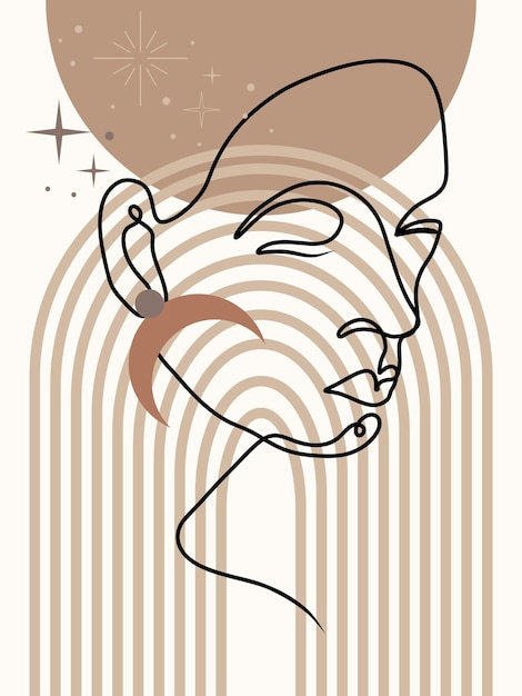 Poster with one line abstract female face with geometric shapes and spots