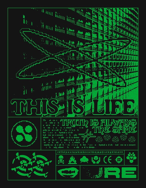 Poster with panel highrise buildings print in techno style for streetwear