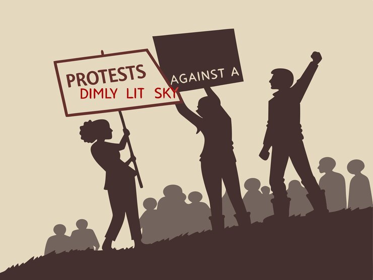 Vector a poster with people holding signs that say protest against the sky
