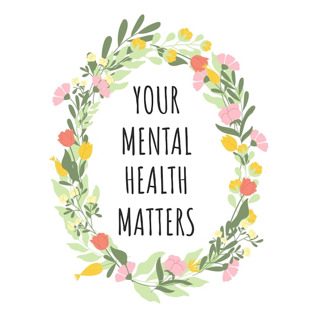 Vector poster with phrase your mental health matters surrounded by gentle flowers and leaves