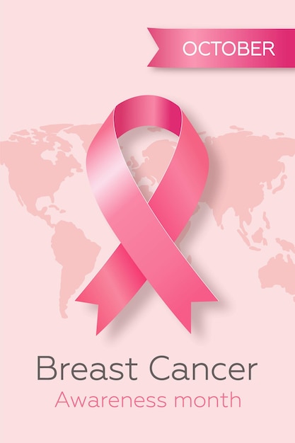 Poster with pink ribbon for World Breast Cancer Awareness Month in October International day against breast cancer Modern illustration