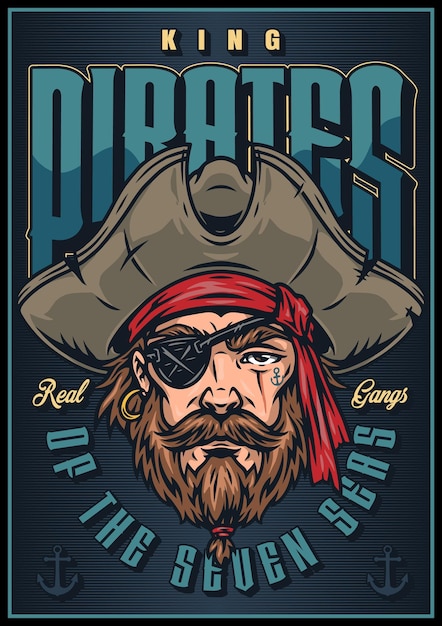 Плакат с пиратским лицом в шляпе и повязкой на глазу морская иллюстрация вектор винтажный стиль