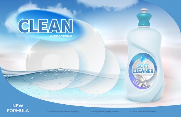 Вектор Плакат с реалистичным средством для мытья посуды и чистой тарелкой. жидкое мыло, реклама уборщика кухни с водой и пузырьками, векторный дизайн рекламы. иллюстрация реалистичного рекламного плаката
