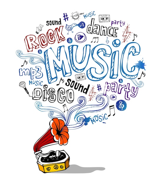 Плакат с ретро-граммофоном и музыкальными символами