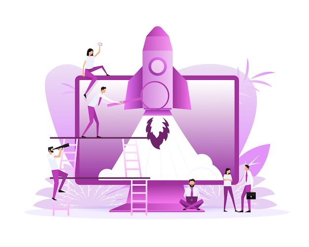 Vector poster with rocket people startup company launch concept flat tiny person vector illustration