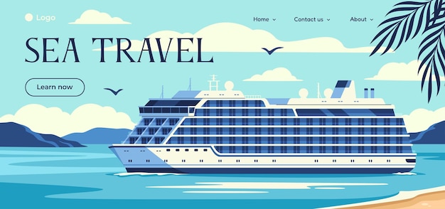Вектор Плакат с красочной домашней страницей морского путешествия и круизного лайнера или страницей веб-сайта с морским пейзажем и кораблем для