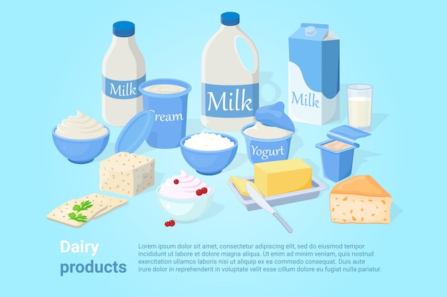 A poster with a set of dairy products on a blue background illustrations of milk cottage cheese