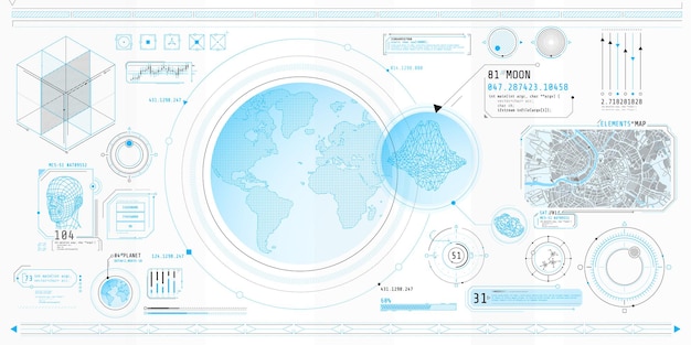 Poster with a set of futuristic hud elements on the theme planetary search.