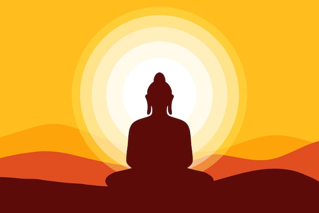 a poster with a silhouette of a buddha sitting in front of a sunset