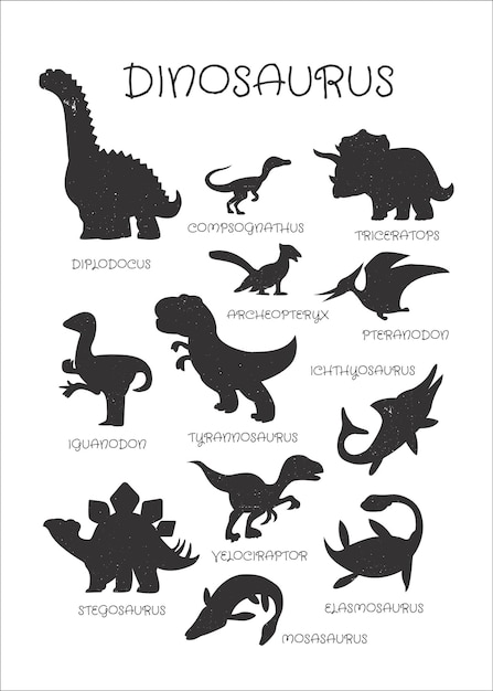 Poster with silhouettes of dinosaurs and their names. educational material for children. vector