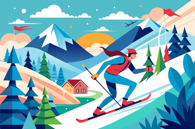 Vector a poster with a skier and a house in the background