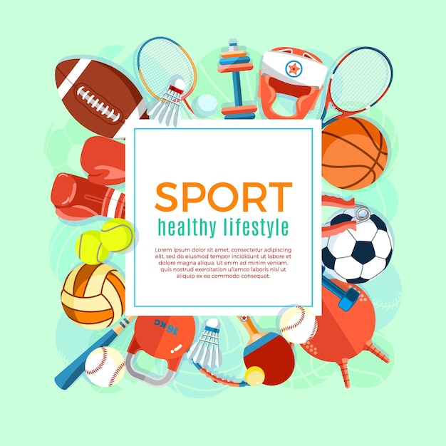 Poster with sport and gaming equipment vector illustration of\
healthy lifestyle tools and elements